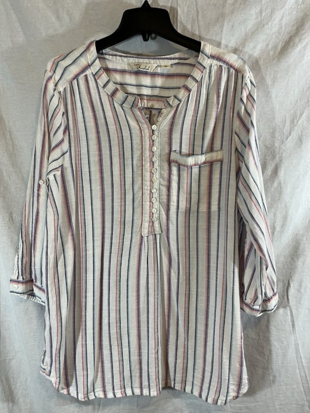 Caffe Marrakesh Women’s 2X White Striped 3/4 Sleeve V-Neck Tunic Blouse